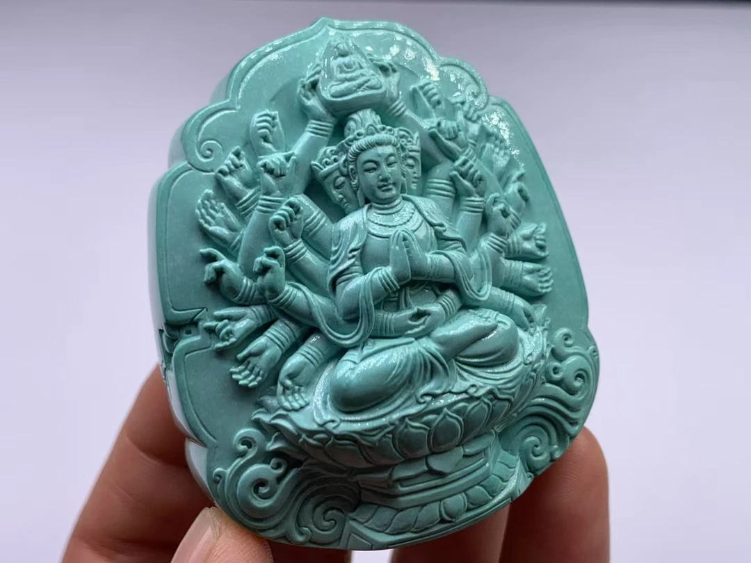 精品绿松石雕刻千手观音牌子