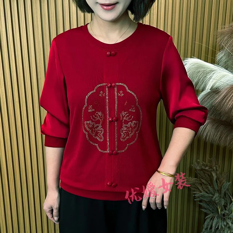 2025春季时尚新款圆领拼接烫钻显瘦百搭洋气妈妈装长袖上衣 A1903