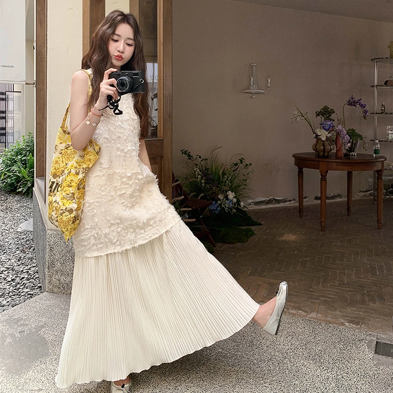 法式设计假两件度假风连衣裙新款女气质设计小众高级长裙套装夏季