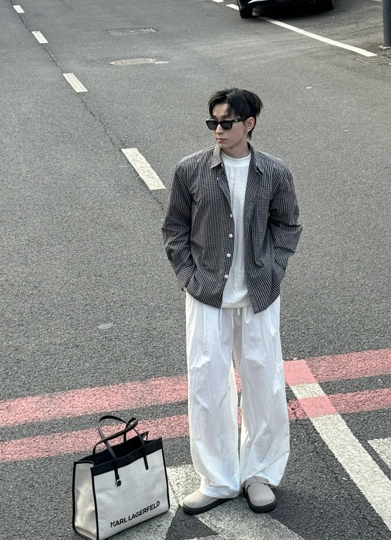 SO IBIAZE 秋季休闲男裤轻薄折皱工艺直筒长裤抽绳松紧腰轻奢