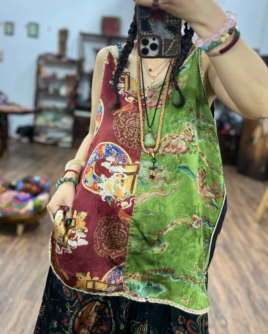 8789-素喜夏季新款高定花萝人丝拼接新中式国风手工缝线吊带