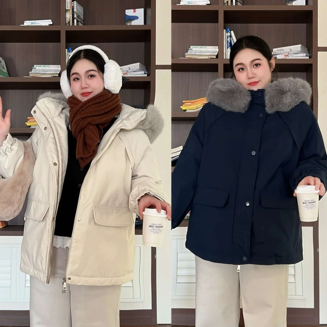 花契“糯糯奶糕”大码女装冬季显瘦200斤胖mm毛茸茸连帽棉服14945-F