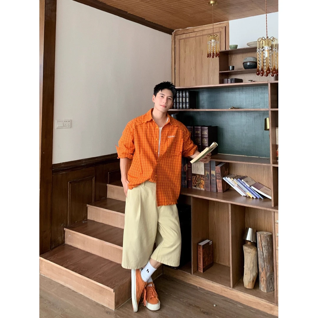 Holocene美式潮牌复古橙色长袖格子衬衫秋季宽松多巴胺格纹衬衣男