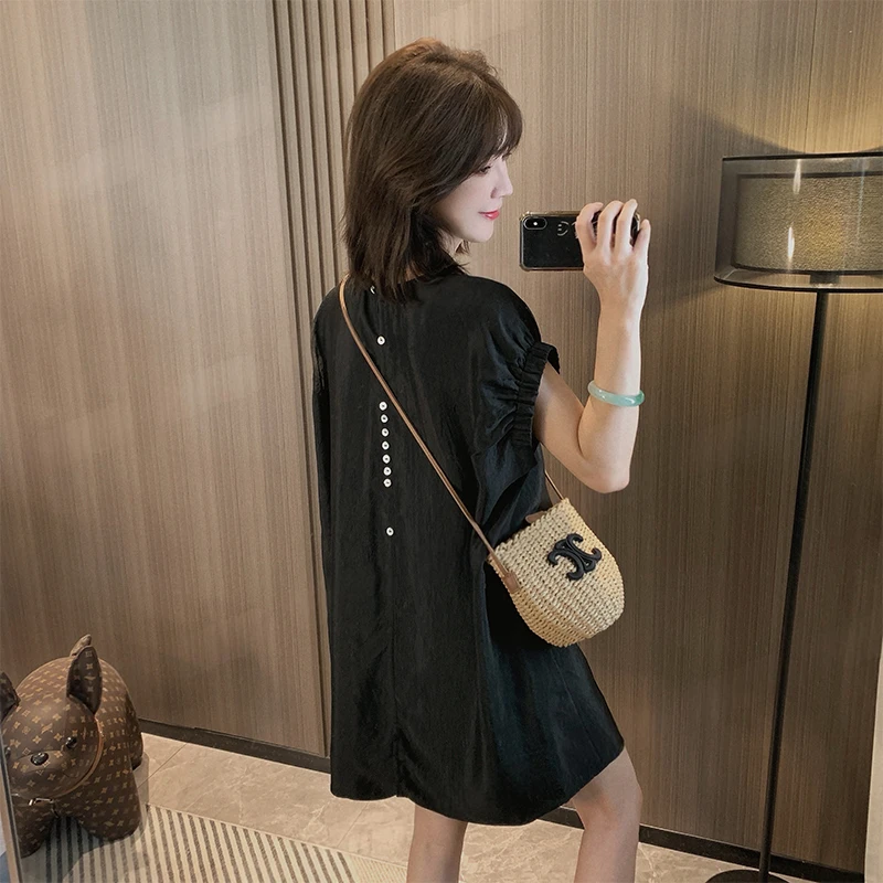 2025新款显瘦韩版夏季圆领轻熟风高腰连衣裙洋气时尚休闲设计感