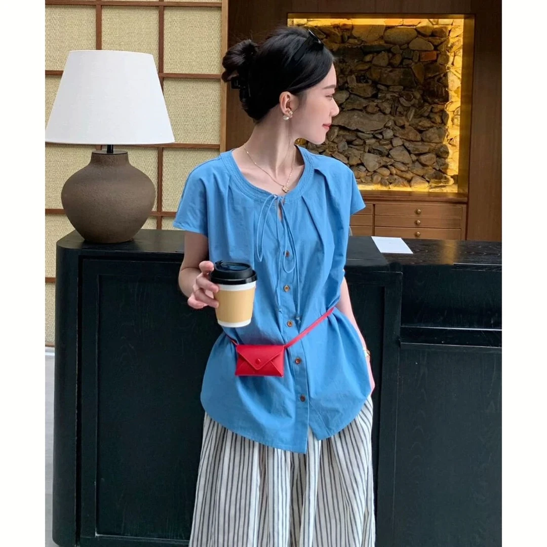 韩版时尚减龄蝴蝶结系带设计感显瘦百搭学院风别致衬衣2603#0.1