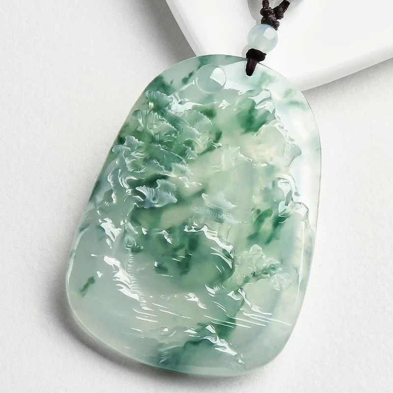 【周杰甄选】翡翠A货飘花山水牌赠礼盒项链【GZP】