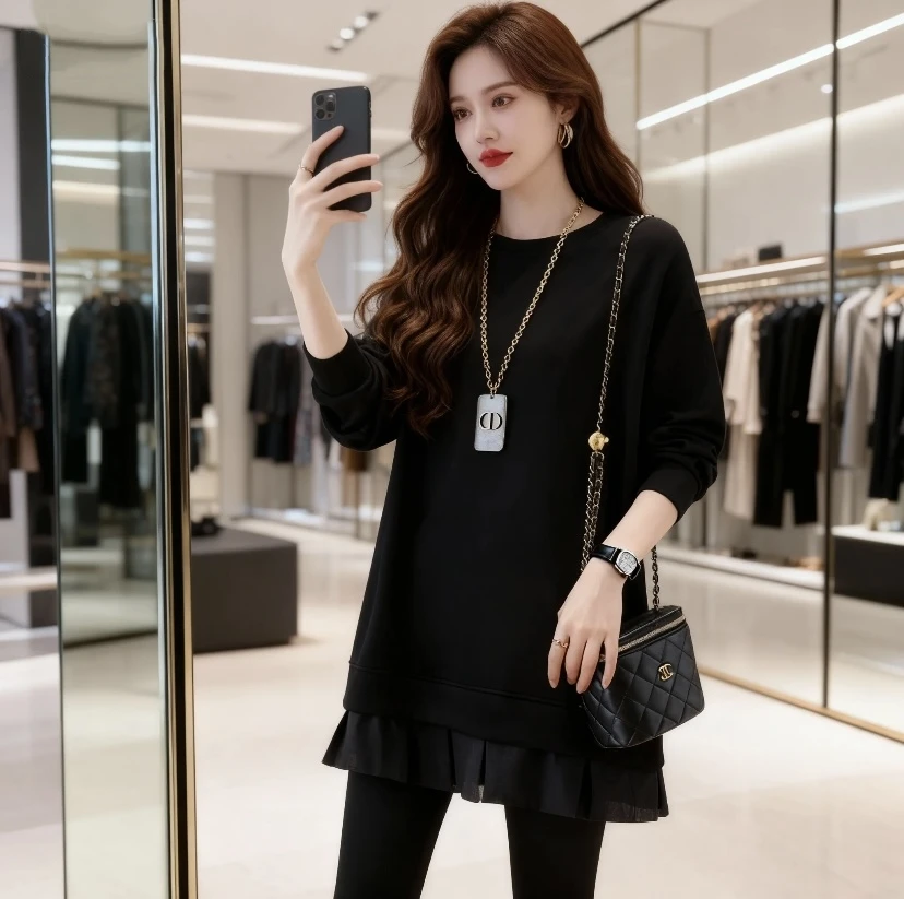 中长款卫衣女2025春秋季简约休闲百搭宽松大码荷叶边拼接休闲上衣