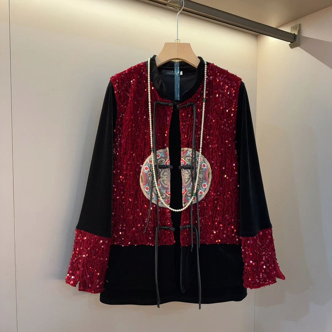 2025新款新中式盘扣亮片拼接设计感洋气内搭马甲上衣两件套长69