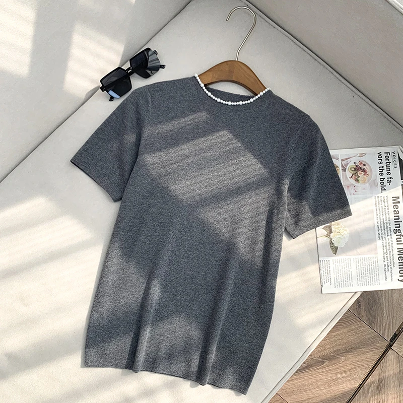 【南油子宸】简约珍珠圆领纯色针织夏季薄款高级天丝上衣 女800312