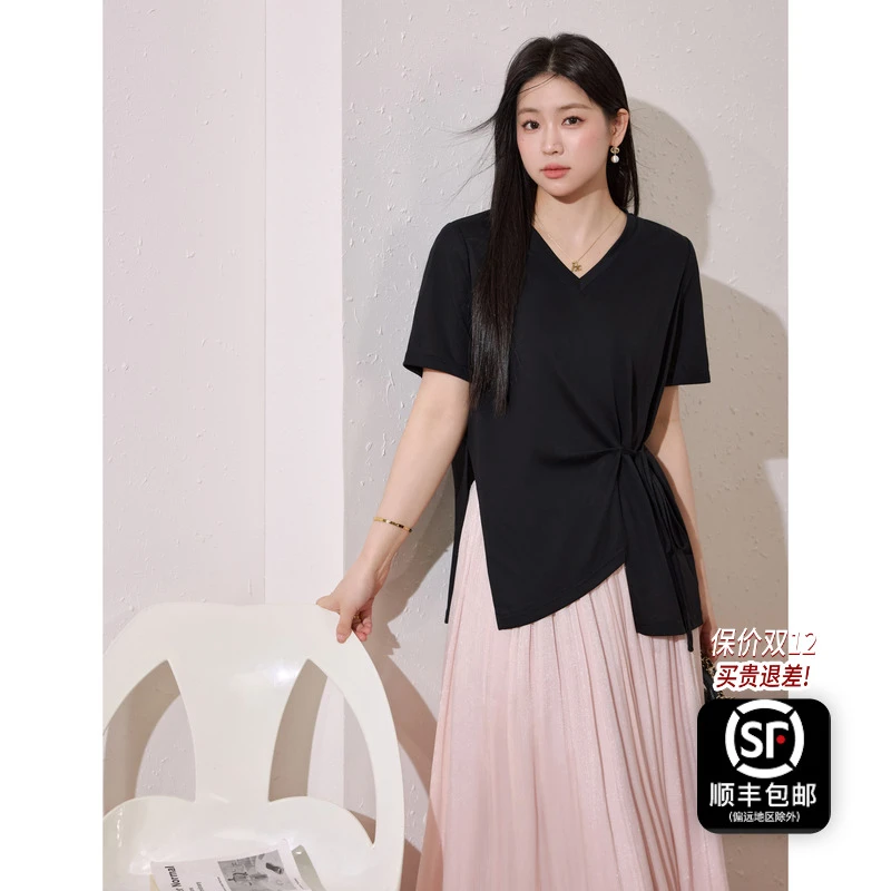 蓝语大码女装气质不规则v领显瘦上衣2025夏季扭结掐腰黑色短袖T恤