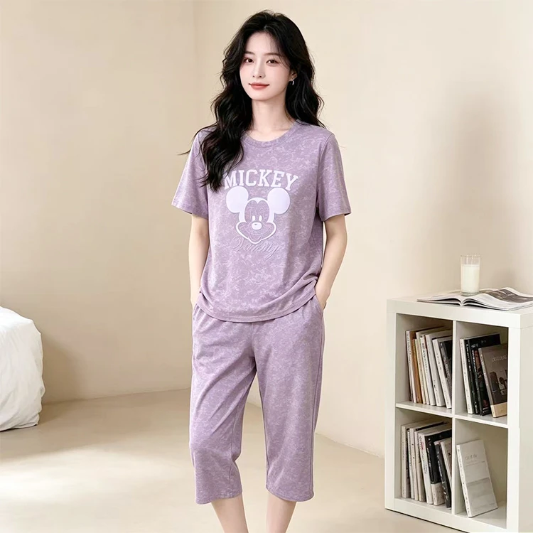 胸垫版新款睡衣女夏季纯棉短袖七分裤家居服套装(扎染米奇七分裤)