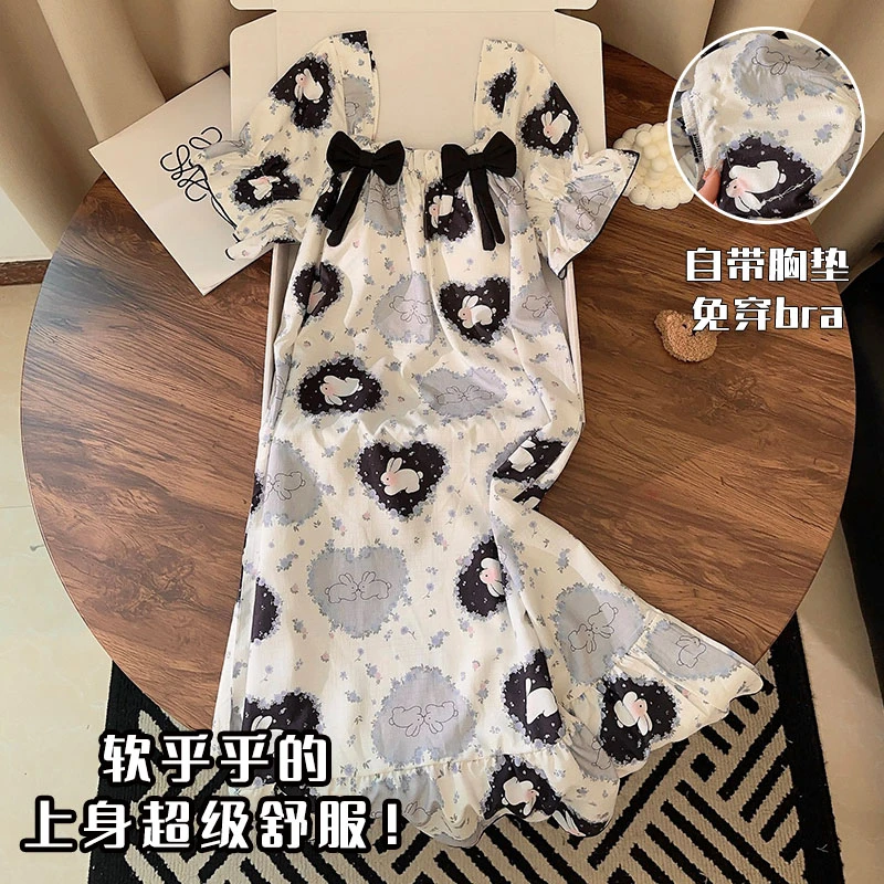 带胸垫夏季短袖睡裙女梭织棉卡通爱心兔夏天新款睡衣连衣裙家居服