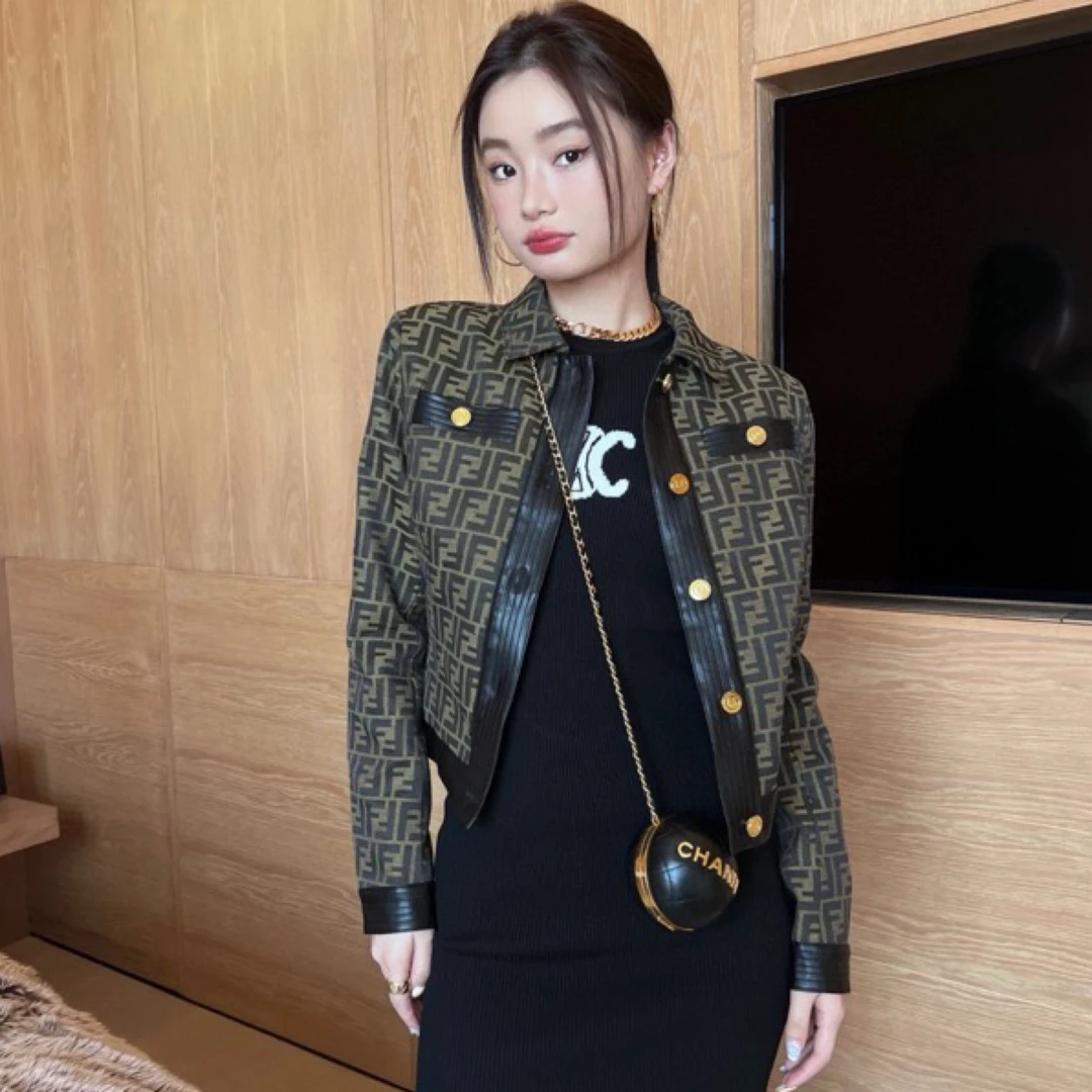 99新 FENDI/芬迪 联名Versace 满印金扣夹克 38码带毛领可拆卸