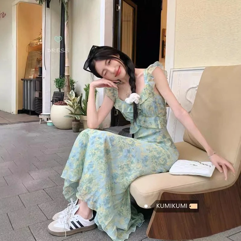 飞边连衣显瘦斜裁领飞人碎花新款清冷大美双层设计感内里法式16