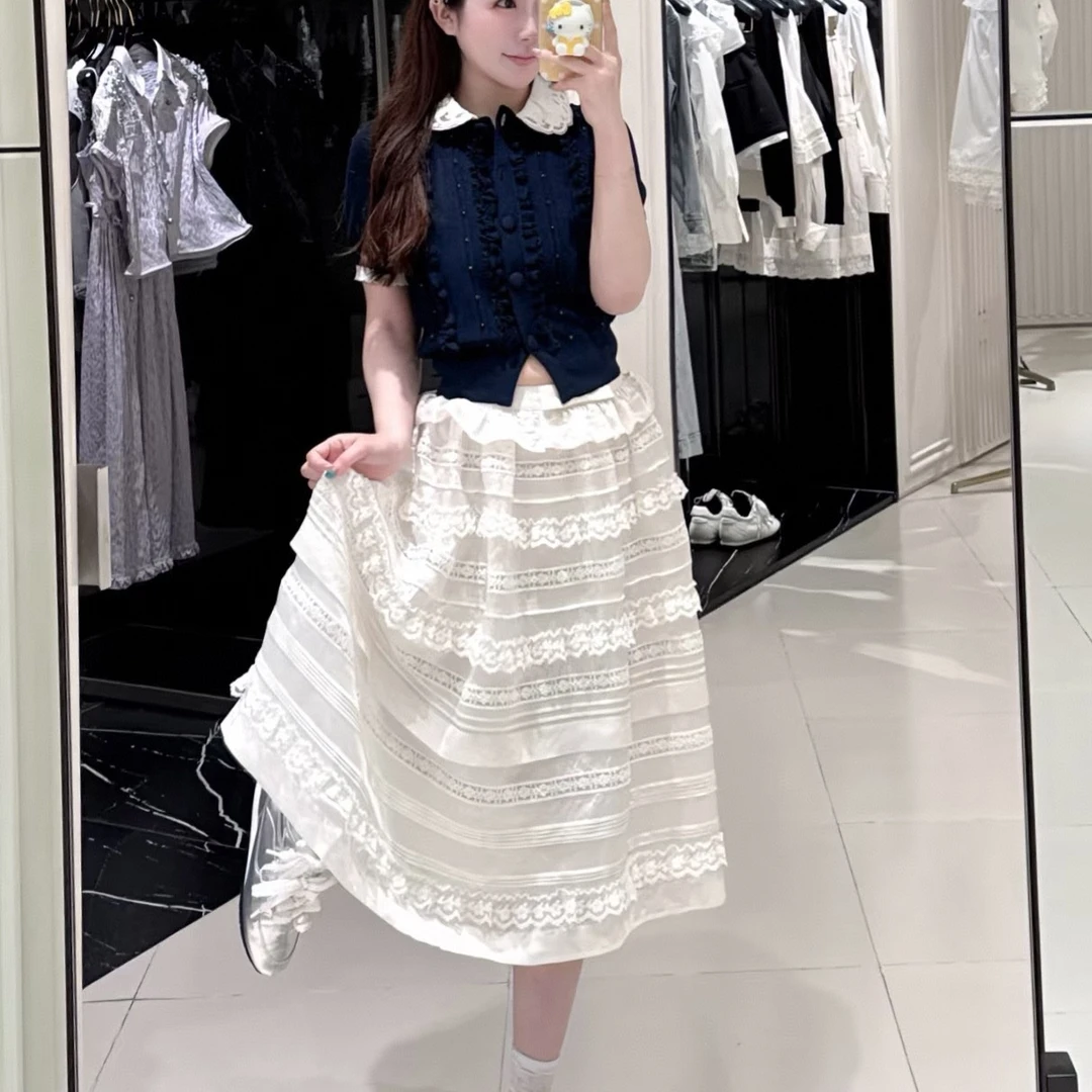 六六（miu系少女）娃娃领重工钉珠藏蓝色短袖修身针织衫25早秋