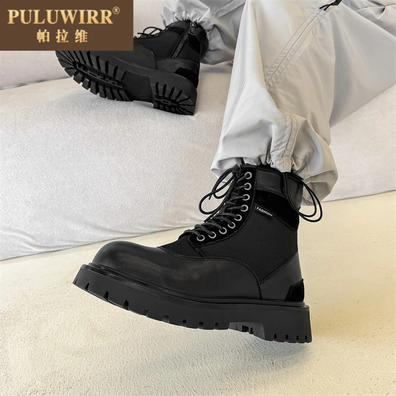 马丁靴男款厚底增高中筒工装机车皮靴子男士夏季透气高筒德比皮鞋