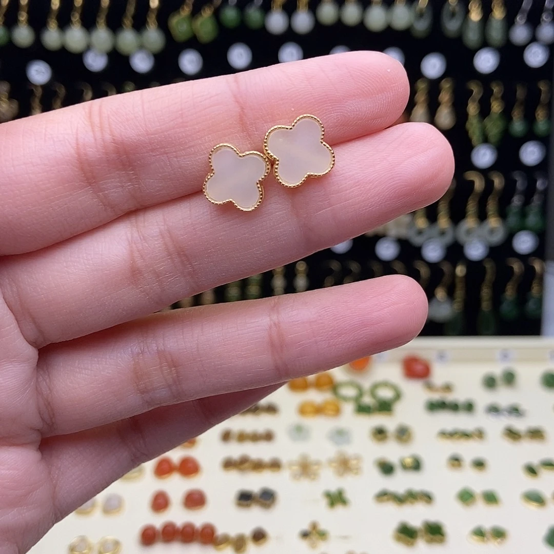 和田玉银S925镀金镶嵌耳饰