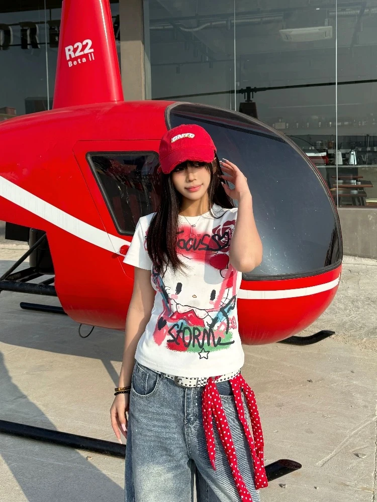 复古KT猫咪印花修身T 亚文化正肩短袖6193