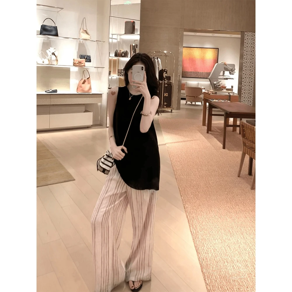 高级感简约风无袖针织上衣+条纹松紧腰直筒休闲裤21710#