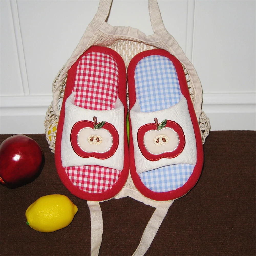 细细条 女可爱居家韩系格子红苹果棉麻拖鞋少女心吸汗地板鞋春夏