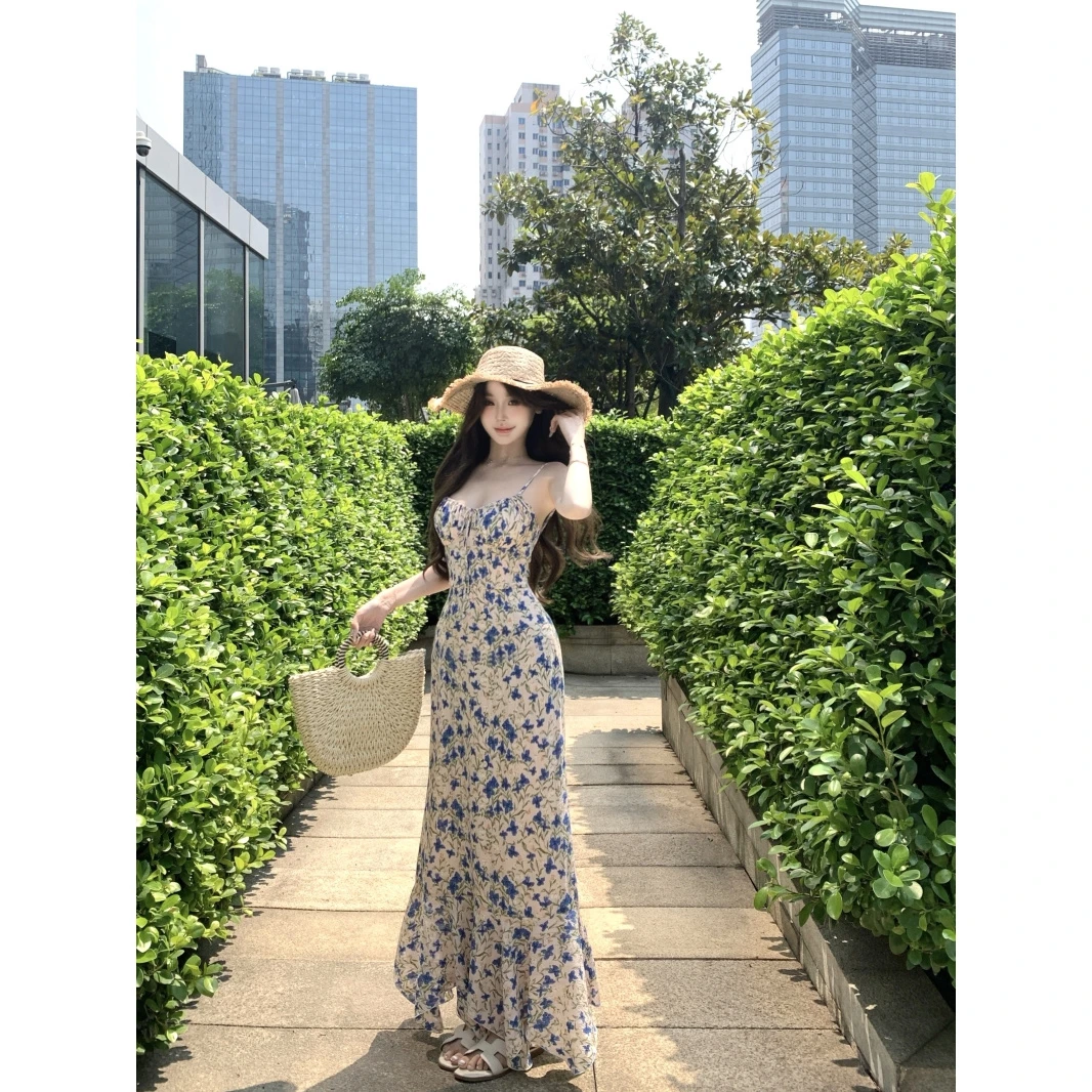 轻奢蓝色妖姬 蓝色碎花抽绳小性感包臀中长款吊带连衣裙网红款