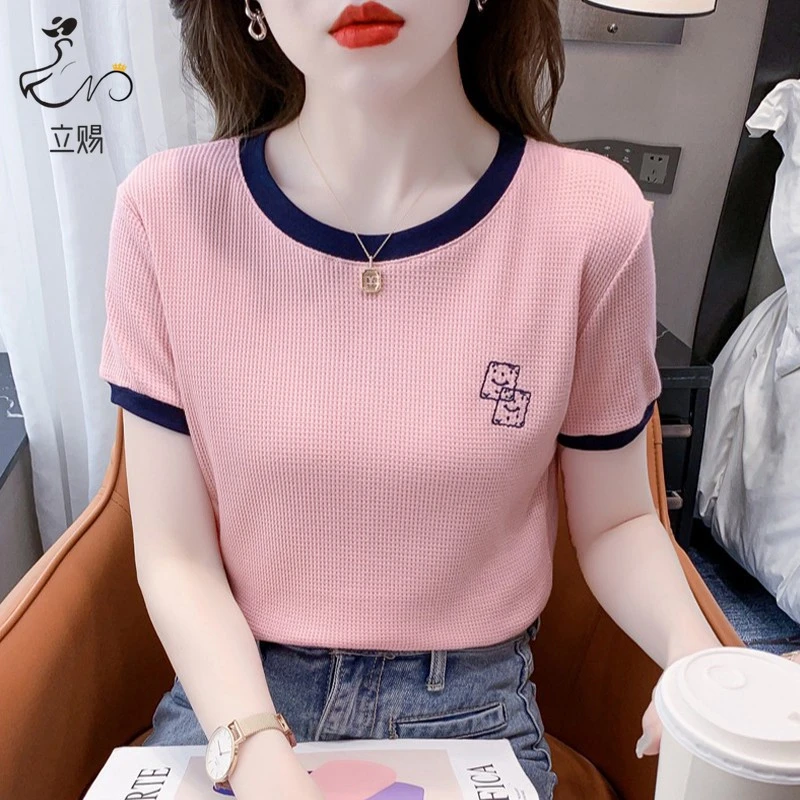 立赐2025新款夏季高级感短款t恤女洋气刺绣撞色时尚圆领短袖上衣