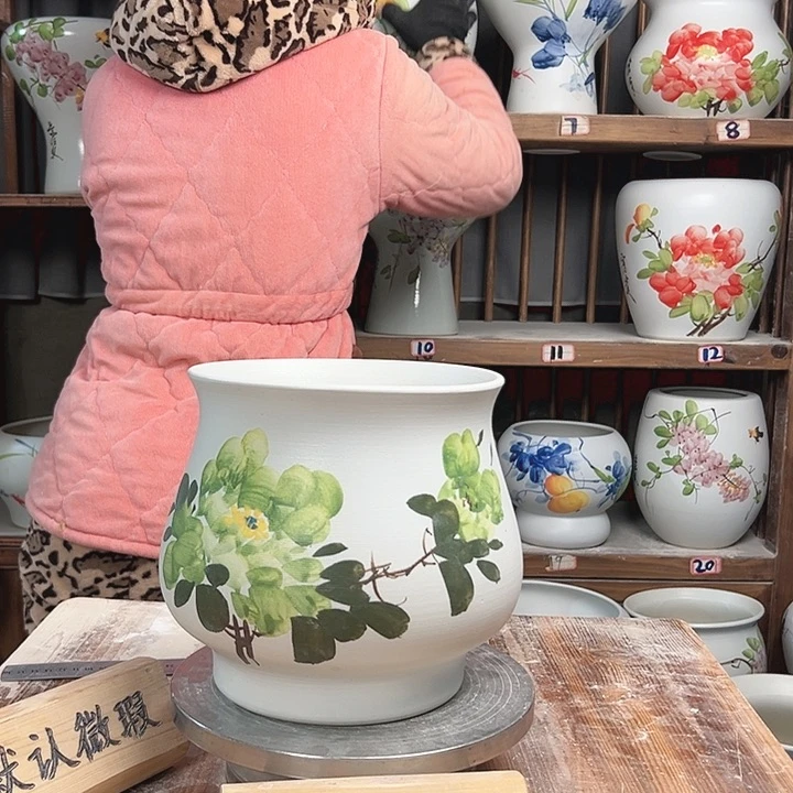 摆件高20口20绿绿牡丹新款陶瓷