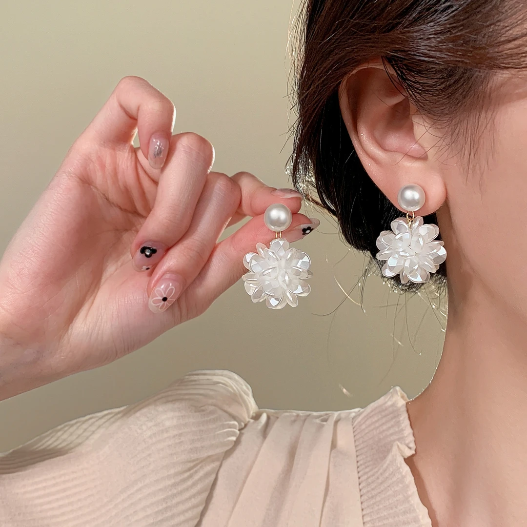 足银仿珍珠耳饰 999银针绣球花朵耳钉小众温柔气质超仙耳环女轻奢