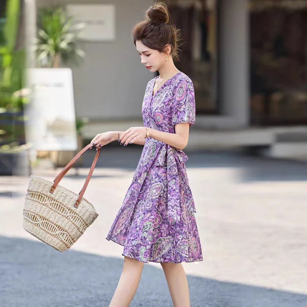 夏装法式高级优雅感少淑版时尚收腰印花连衣裙8162款