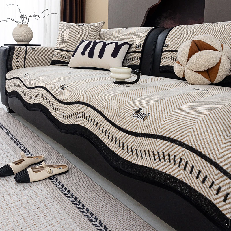 雪尼尔直排皮沙发垫轻奢高级感四季简约高档防滑一片式坐垫子盖布