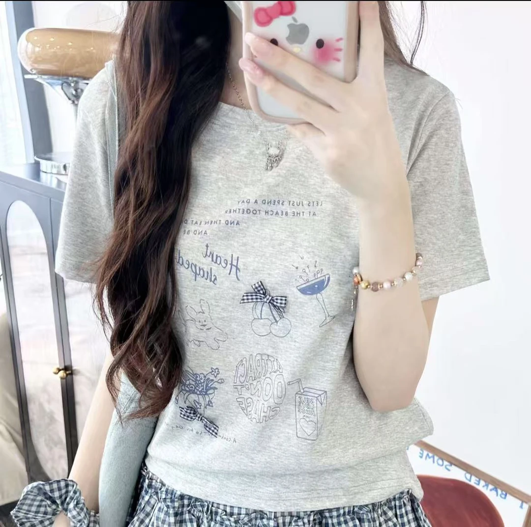 ap*m软糯雪花棉夏季宽松舒适蝴蝶结卡通印花圆领t恤