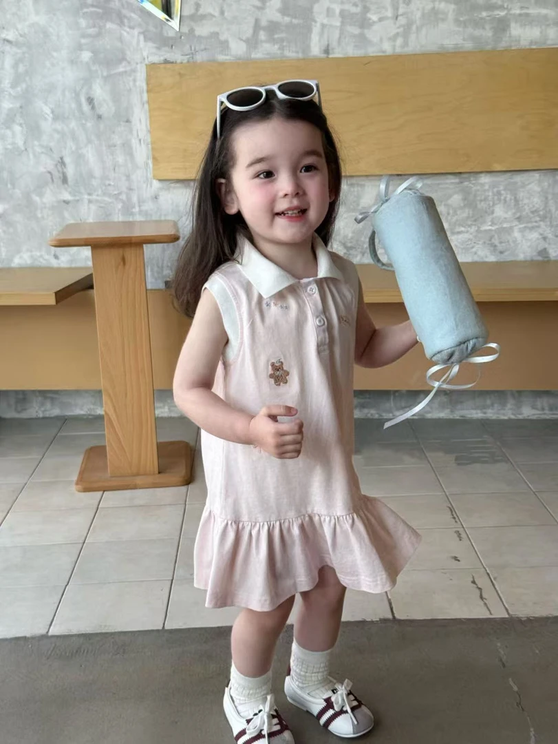 2025夏季女童韩版乖乖女粉色无袖卡通连衣裙