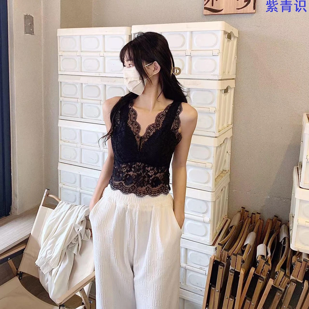 ZiQingShi紫青识夏季蕾丝内衣女固定一体胸垫法式无痕冰丝背心舒