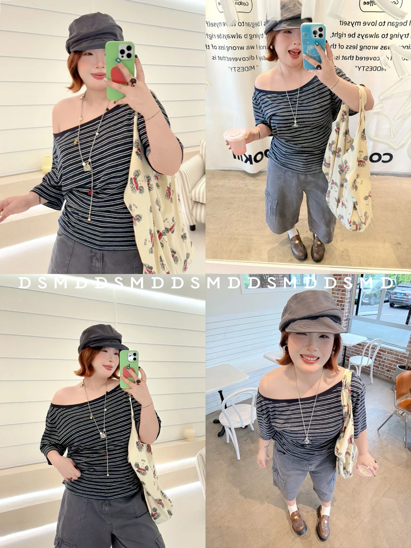 危险勿近 | D S M D | 大码藏蓝色条纹漏肩绑带纯欲短袖T恤上衣