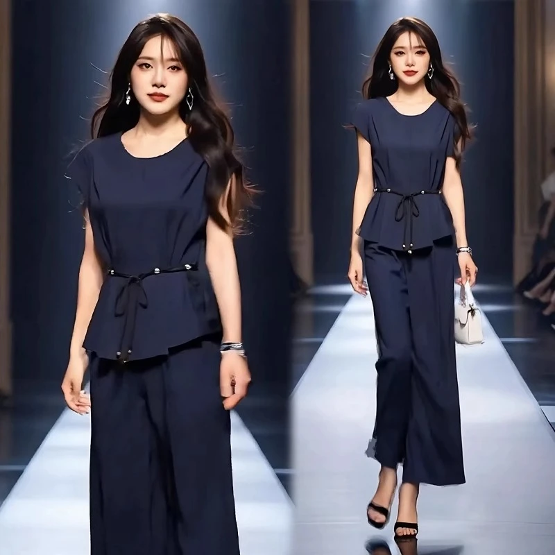 La babite时尚洋气质套装夏季新款系带短袖上衣阔腿裤休闲两件套