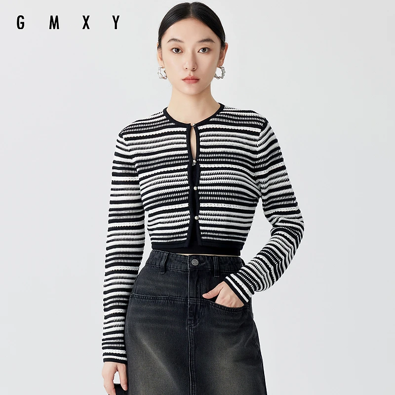 【臻臻专属】GS41003019古木夕羊2024春季新品条纹开襟毛衣