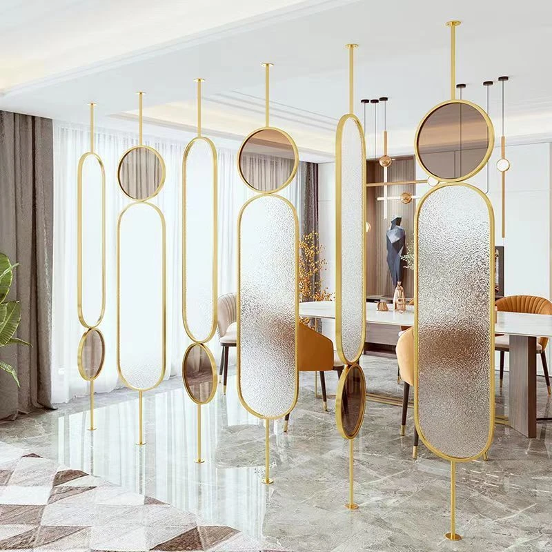 简约玻璃隔断墙新款客厅轻奢北欧铁艺网红金色几何意式房间半圆形