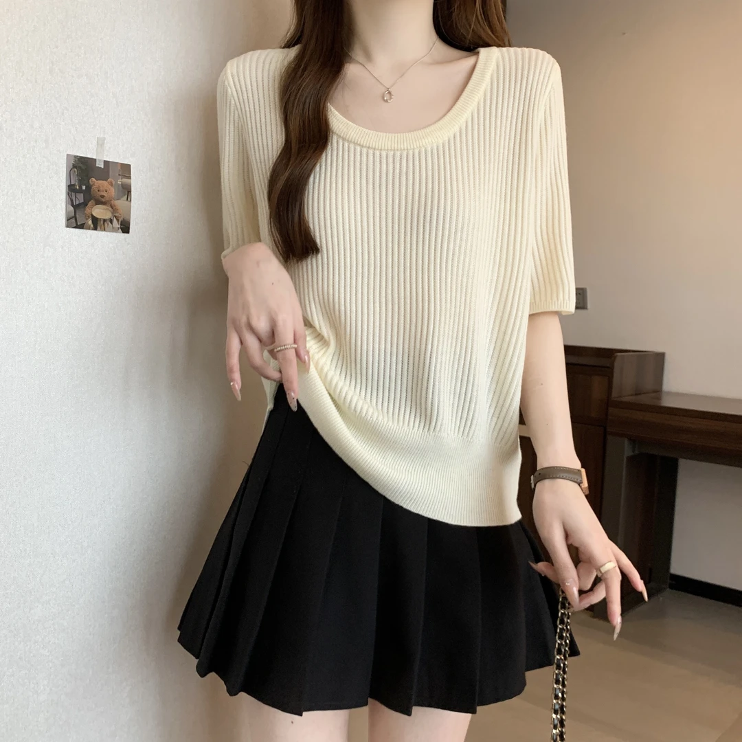 微胖妹妹大码欧货坑条针织衫u领短袖女夏季宽松显瘦遮肚藏肉上衣