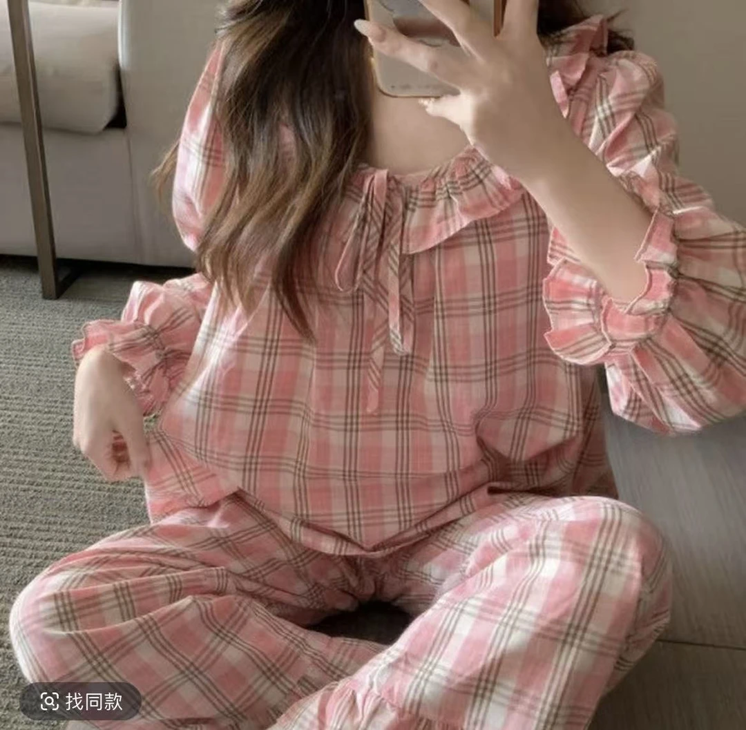 大码长袖睡衣成人睡眠少女宽松家居服套装格子
