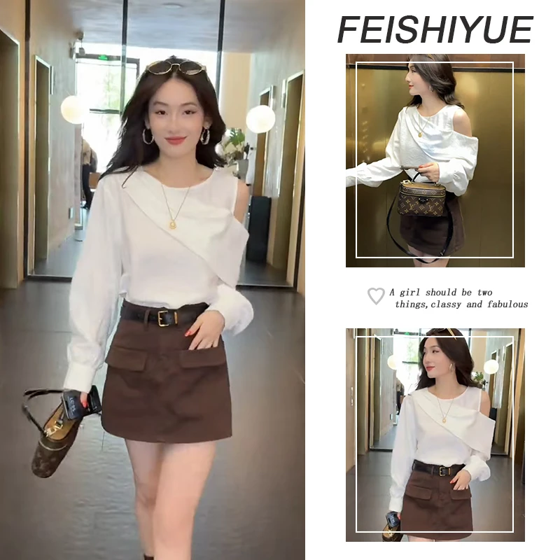 秋季时尚穿搭2025年新款韩系百搭不规则露肩长袖上衣裙裤两件套装