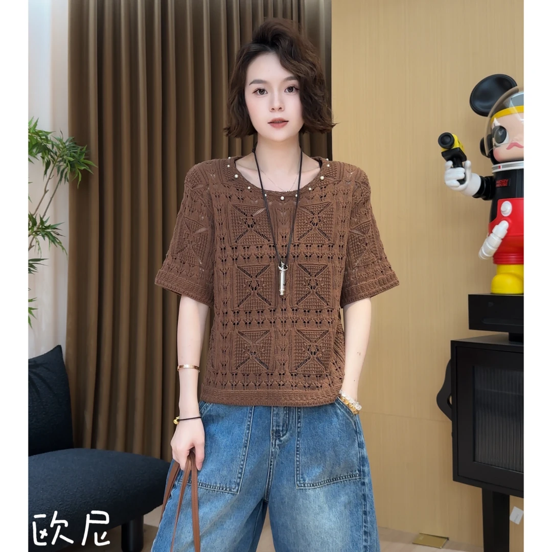 欧尼私服 2025夏新款圆领镂空薄款宽松短袖针织衫上衣2507C3970