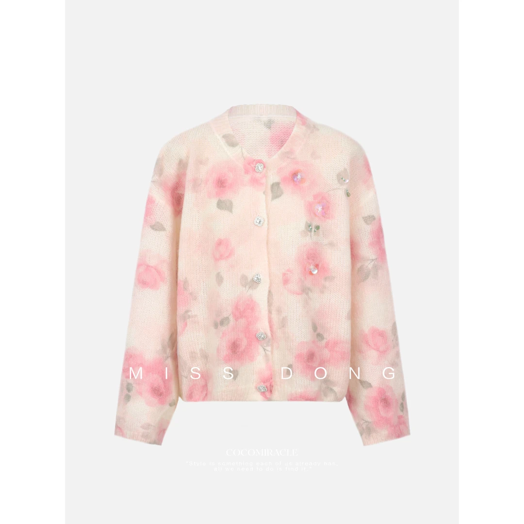 董小姐【温柔花镜】新款重工亮片马海毛花朵开衫毛衣W56MY510