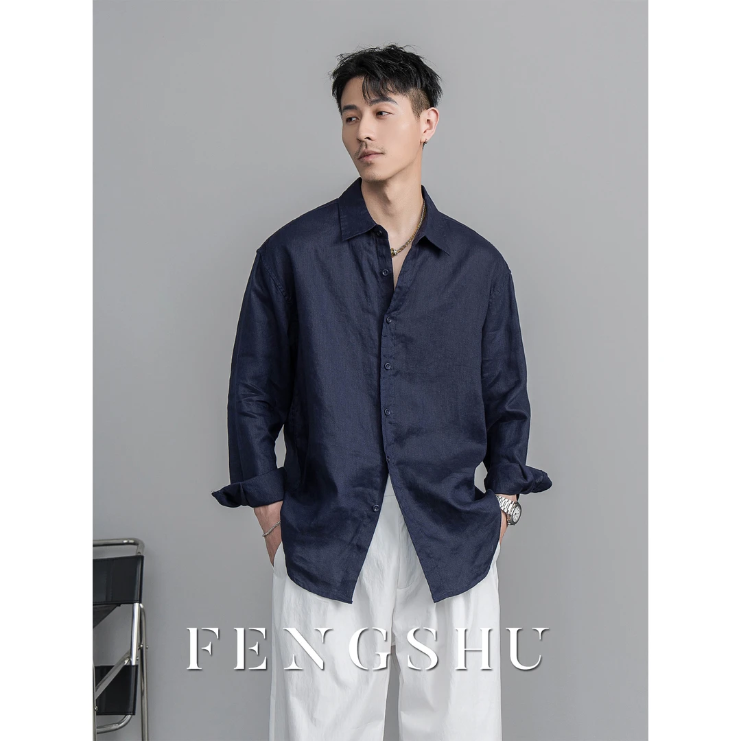 FENGSHU 纯亚麻老钱风慵懒风长袖衬衫男士休闲简约宽松休闲衬衣