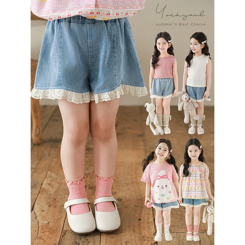 YOEHYAUL/幼悠【软软蕾丝】夏伍波下蕾丝边洋气薄款牛仔短裤X5215