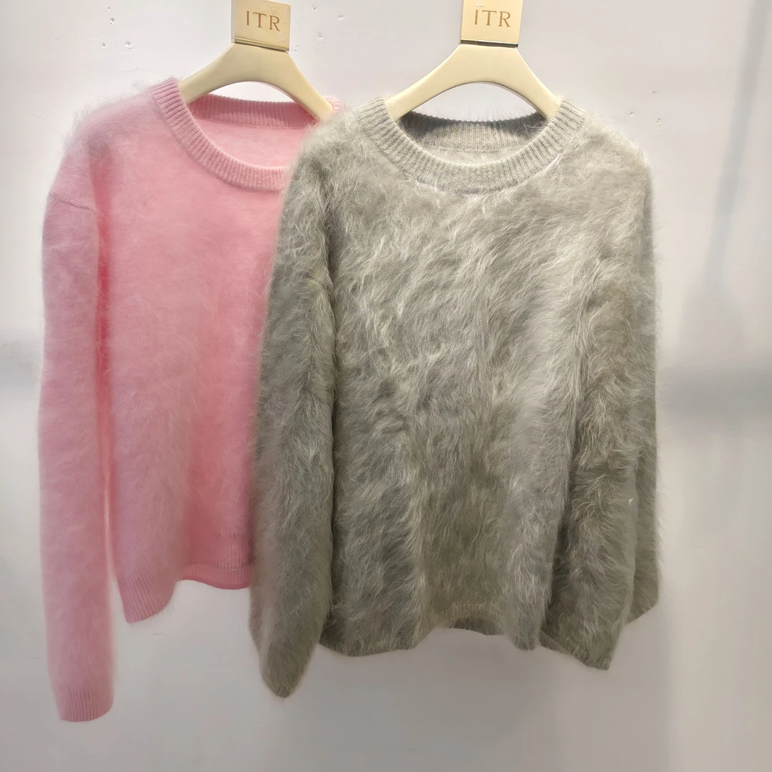 100山羊绒高克重拉绒女圆领