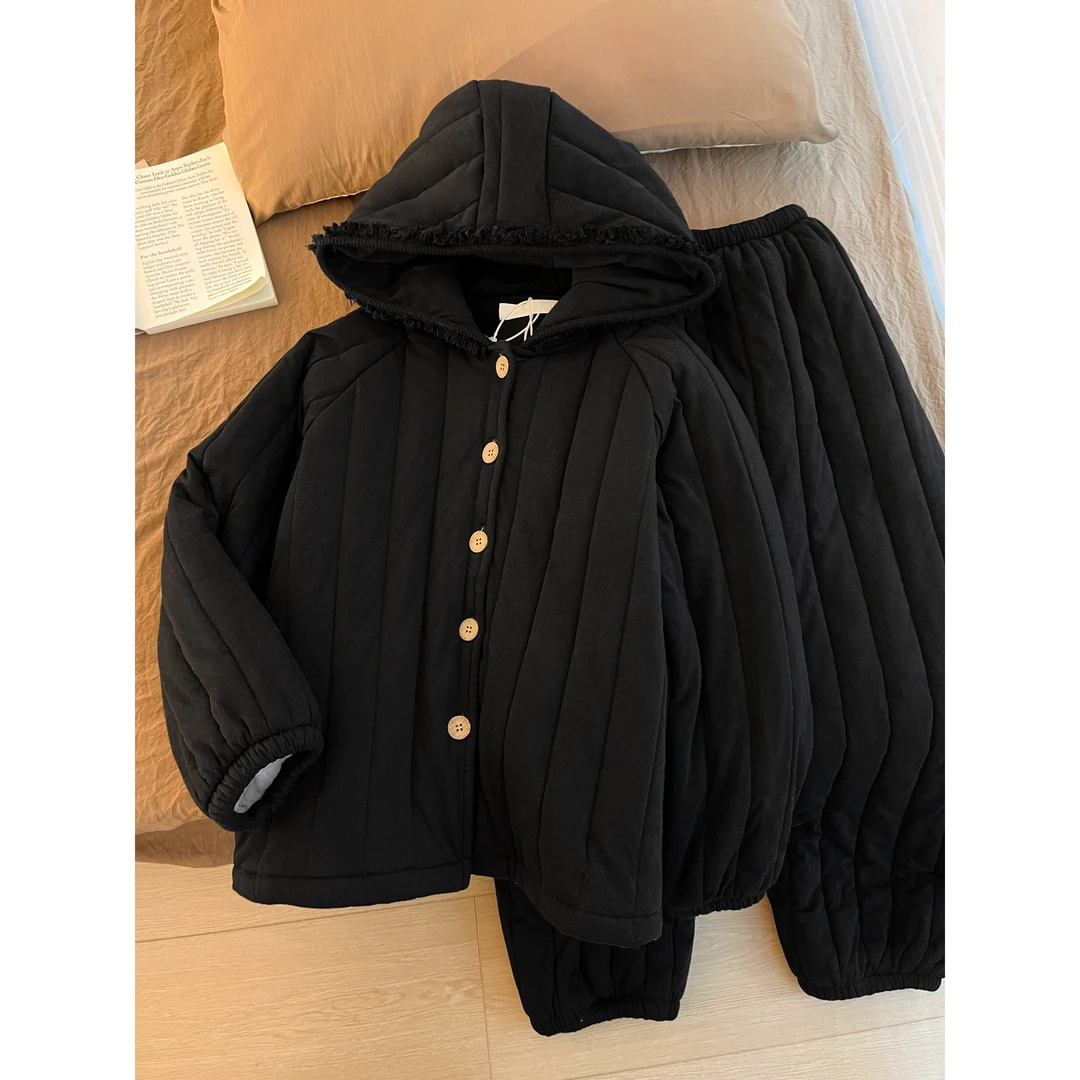 韩版三层夹棉睡衣女秋冬加绒加厚黑色棉服连帽外套保暖家居服套装