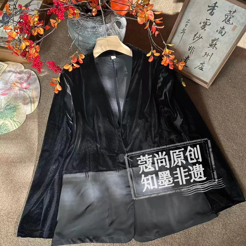 秋季新款新中式国风宽松显瘦时尚气质V领下摆拼接丝绒西装外套