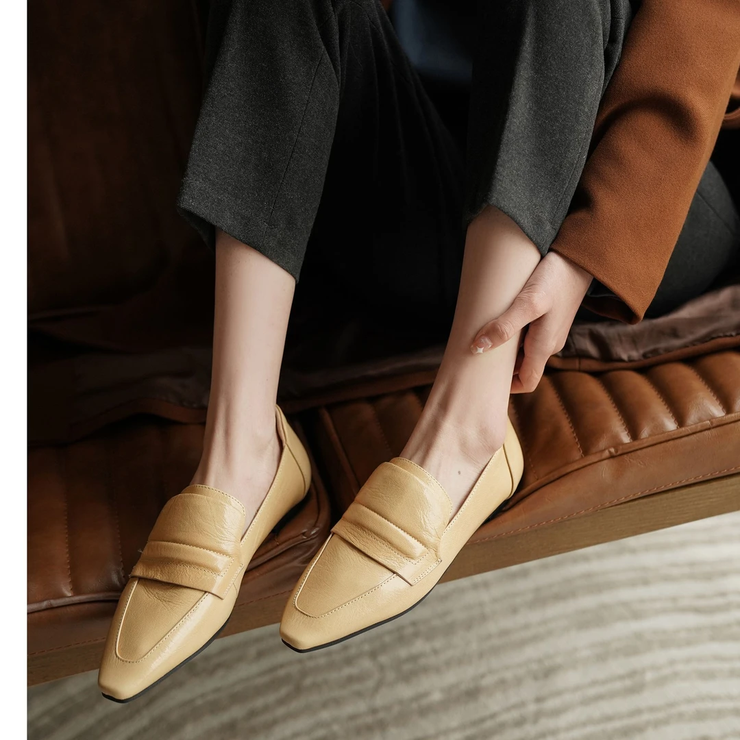 春季新款真皮法式方头秋季一脚蹬深口平底乐福鞋休闲百搭