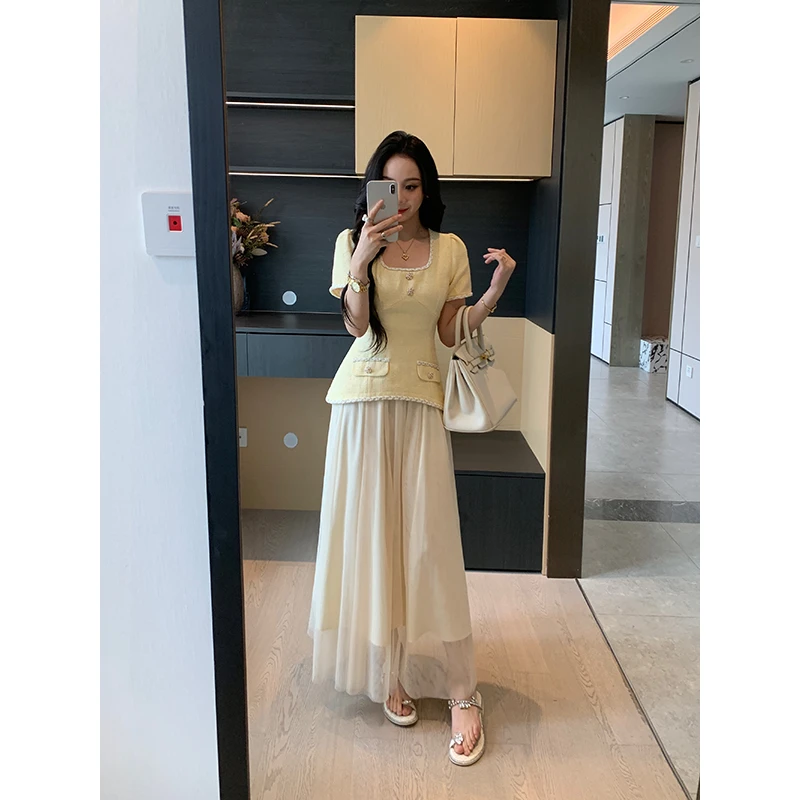 XINYI【落日爱琴海】夏季方领小香连衣裙收腰显瘦气质X625Q04922