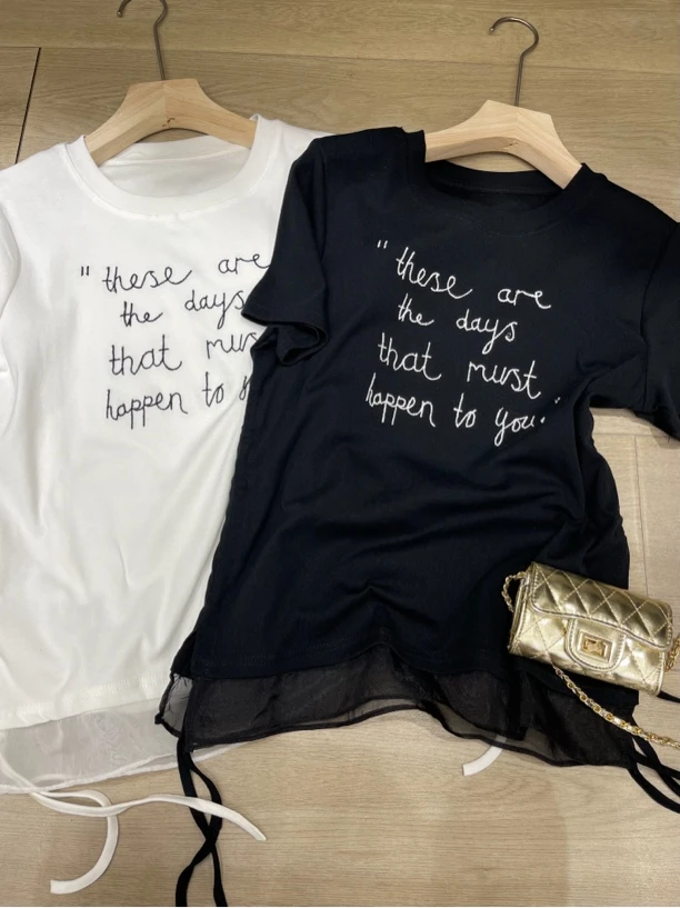 【大欣家】66955「立体字母蕾丝边」重工抽绳T恤